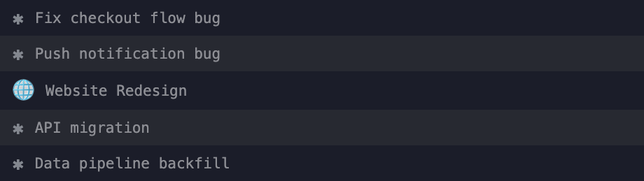 A section of the tab sidebar showing an emoji-labeled project-header row sitting between two normal work tabs, with no keyboard shortcut of its own.