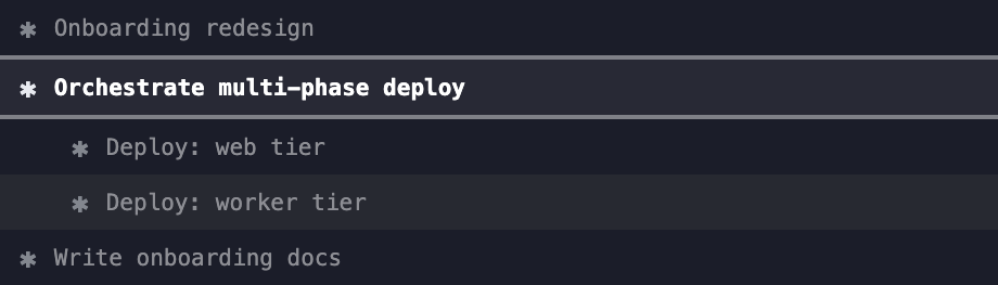 A sidebar showing a parent task row, immediately followed by two newly-spawned session rows indented beneath it.