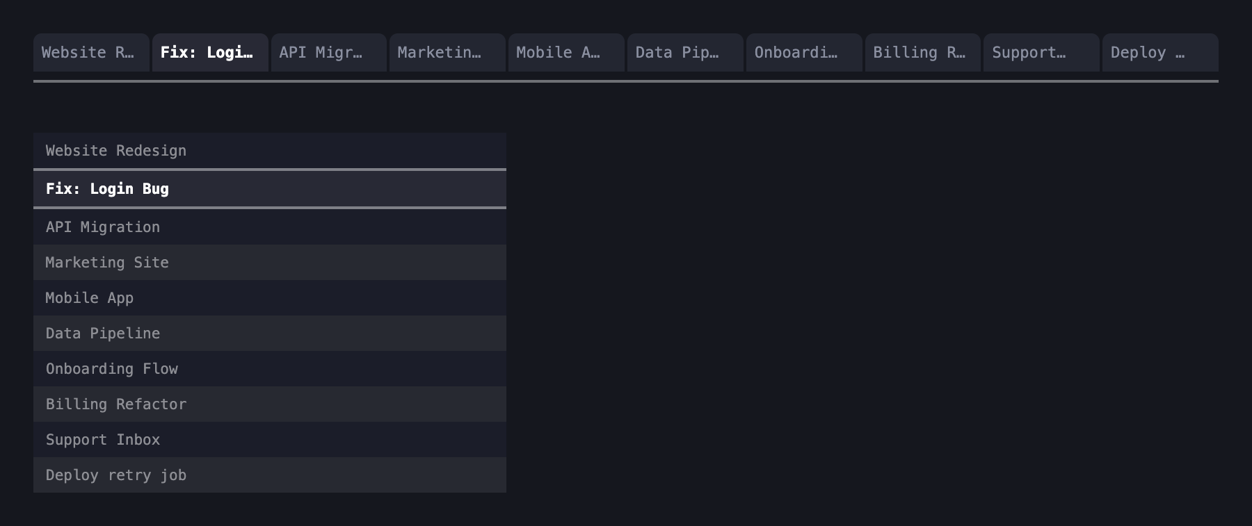 Top: a horizontal row of ten tabs, most titles truncated to ellipses. Bottom: the same ten tabs as a vertical list, every title fully readable.