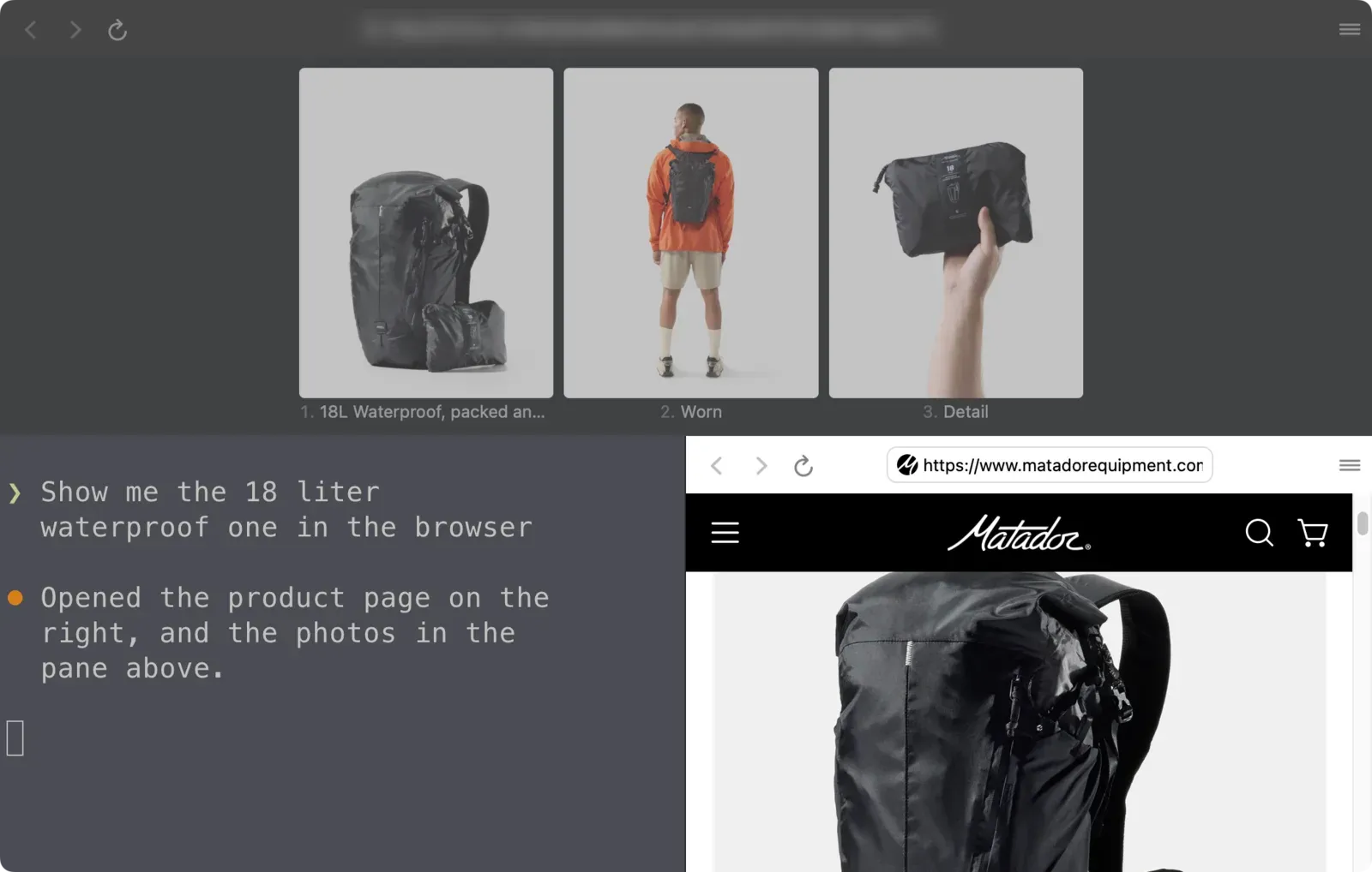 The finished layout: the conversation bottom left, photos in the media pane on top, and the product page in a browser pane on the right