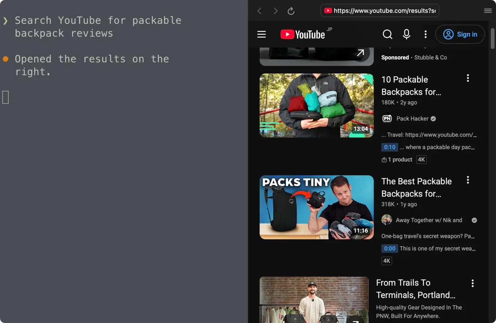 Asking for YouTube reviews: the agent opens the search results in a side pane, scrolled past the sponsored slot