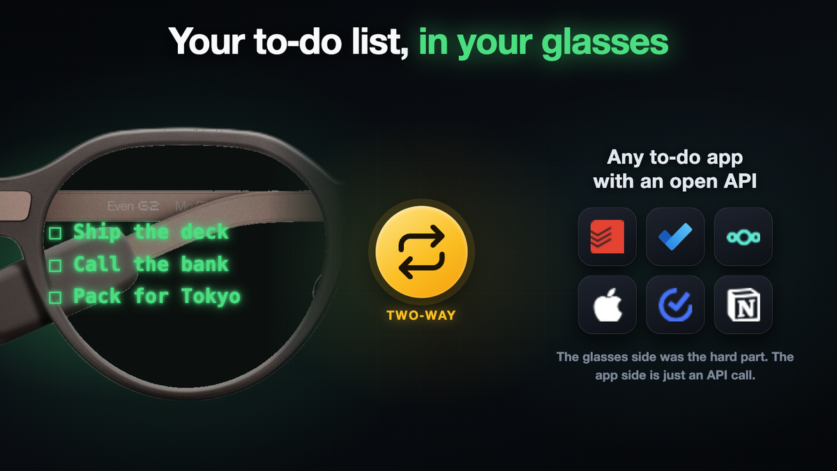 Smart glasses with a to-do list showing in the lens, syncing two-way with to-do apps