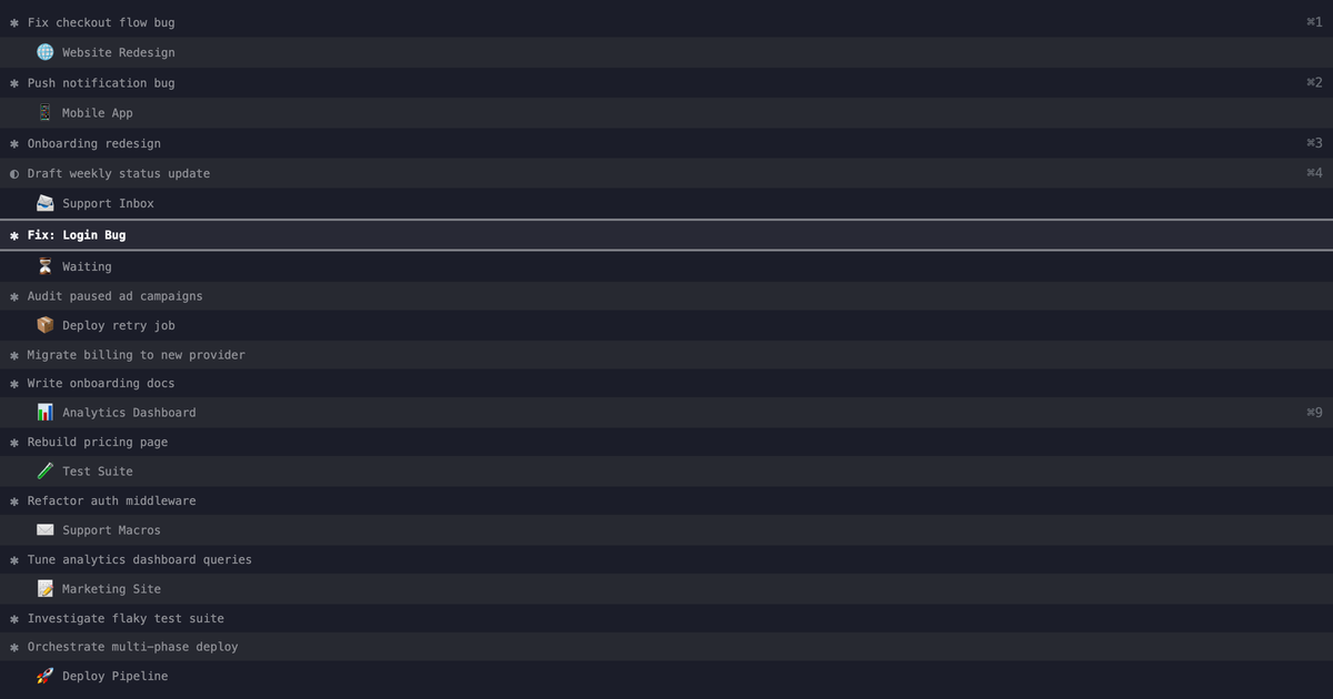 A dense vertical sidebar of Claude Code session tabs, each with its own real title, glimpsed at a glance