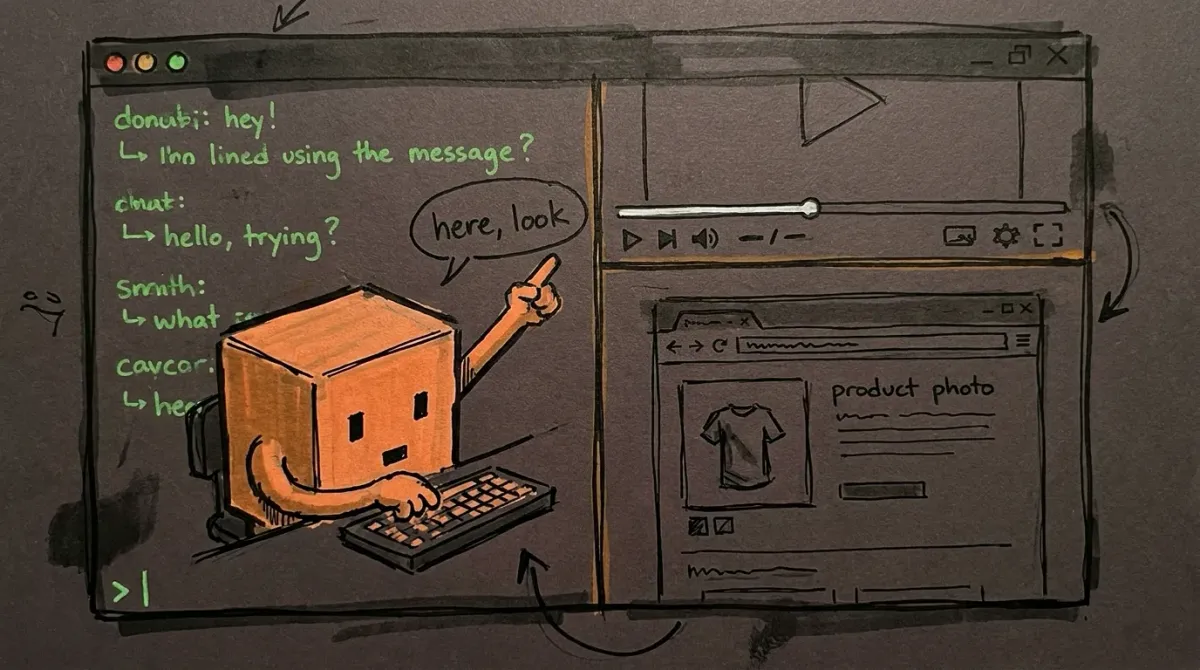 Sketch: the Claude Code mascot in a terminal, pointing at a video pane and a web page pane beside the chat