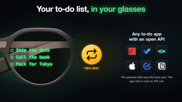 Smart glasses with a to-do list showing in the lens, syncing two-way with to-do apps